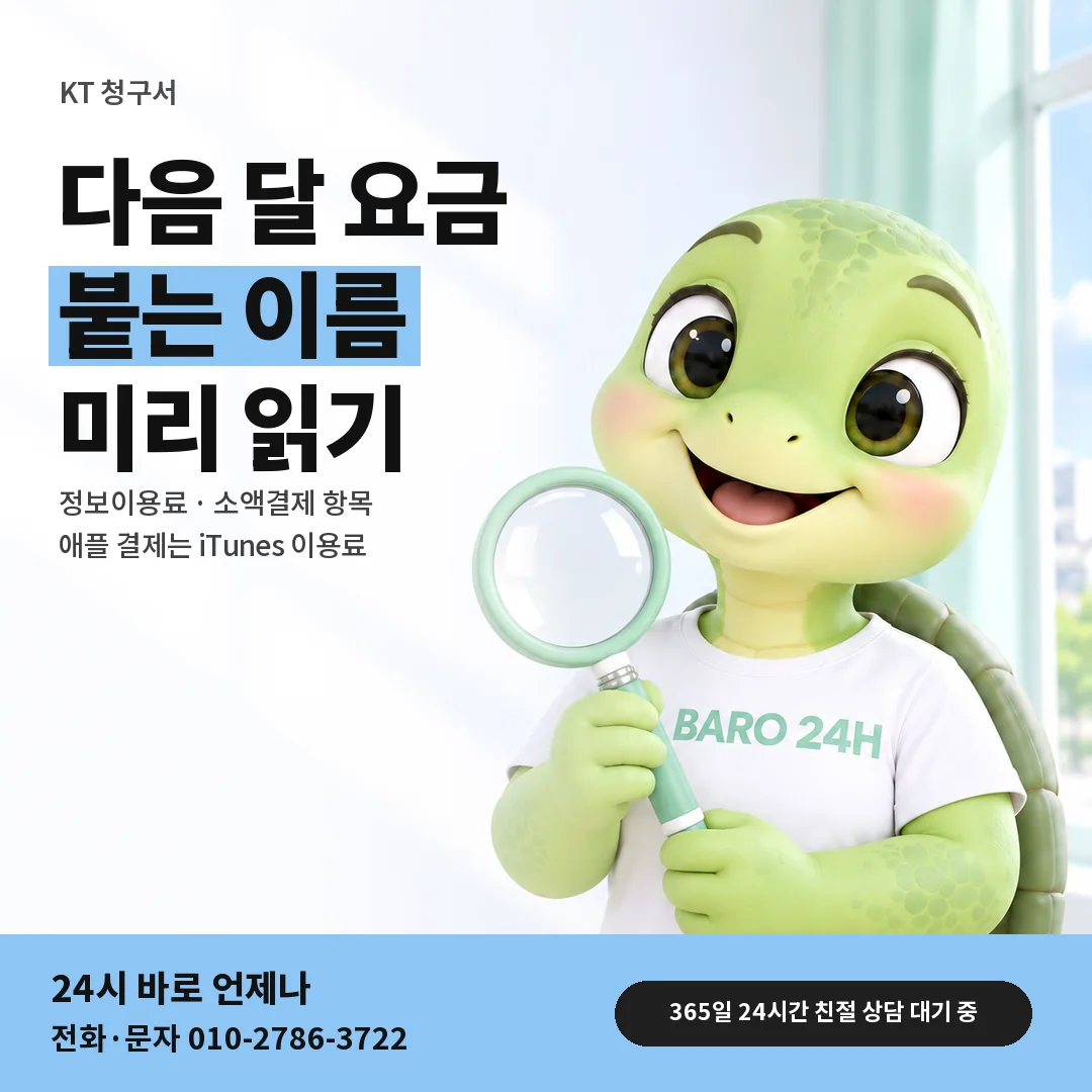 돋보기를 든 BARO 24H 티셔츠를 입은 3D 거북이 캐릭터 옆에 「KT 청구서 속 정보이용료 항목」 제목을 얹은 안내 카드