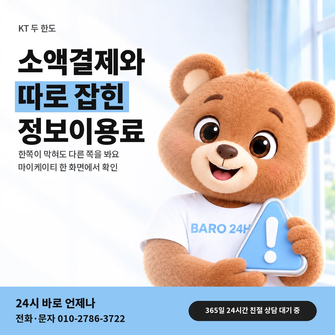 주의 표지판을 든 BARO 24H 티셔츠를 입은 3D 곰 캐릭터 옆에 「KT 소액결제 한도와 정보이용료 한도」 제목을 얹은 안내 카드