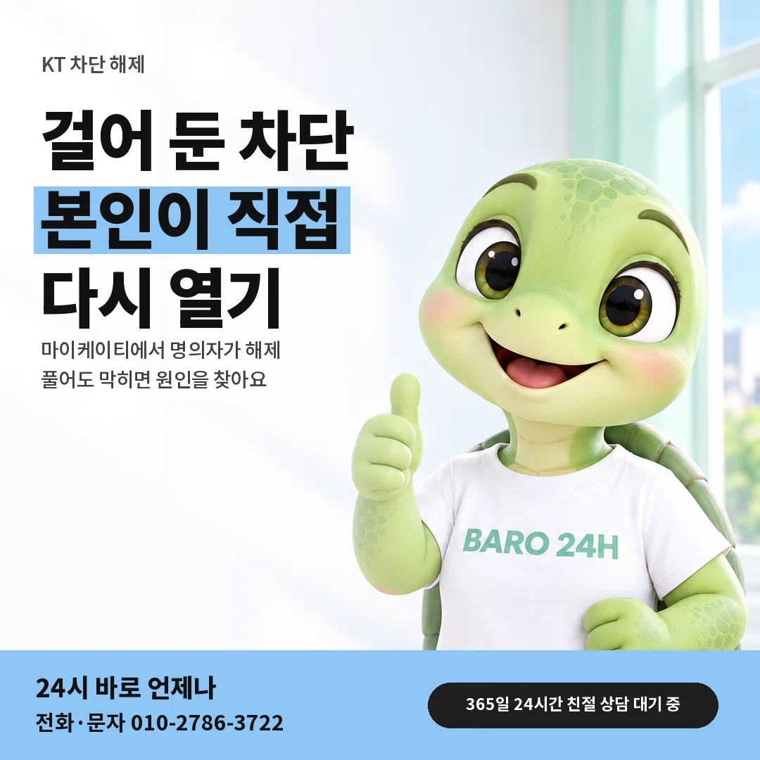 BARO 24H 티셔츠를 입은 3D 거북이 캐릭터 옆에 「KT 정보이용료 차단 해제」 제목을 얹은 안내 카드